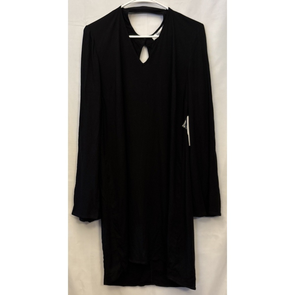 Just Fab Shift Dress Black Mini Key Hole Cut Out Bell Sleeve Hi Low Whimsagoth L